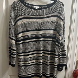J. Jill Black and Cream Striped Knit Crewneck Sweater 3/4 Sleeves